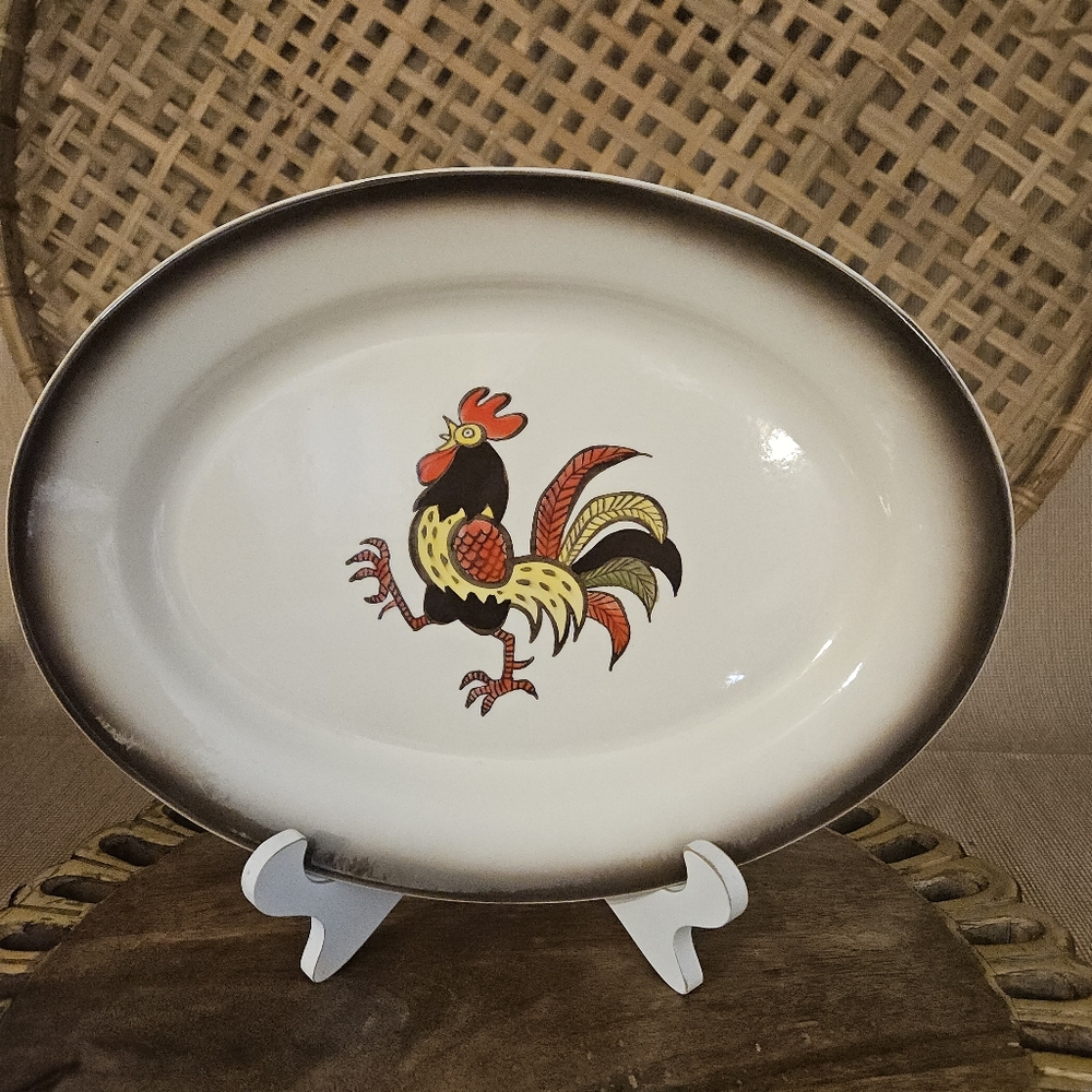 Vintage Metlox Poppytrail Red Rooster Large Oval Serving Platter USA Farmhouse
